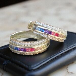 🌈 Vintage 90s Vermeil Sterling Rainbow Gemstone Hoop Earrings